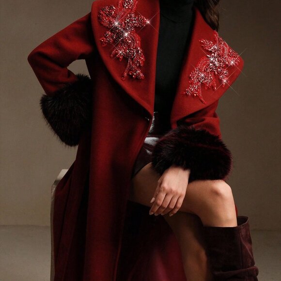 Burgundy Elegant Women's Embroidered Long Coat - Picture 4 of 8
